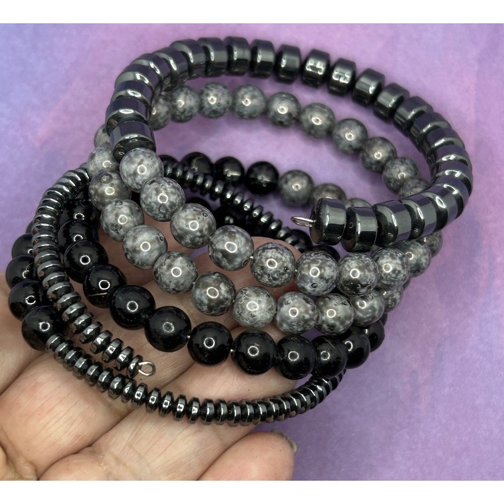 Wrap Bracelet Hematite Black Gray‎ Beaded Coil Wire Stack Expandable